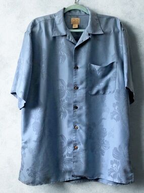 Jos A Bank Shirt Mens Large Blue Floral Jacquard Camp Collar Button Up Hawaiian